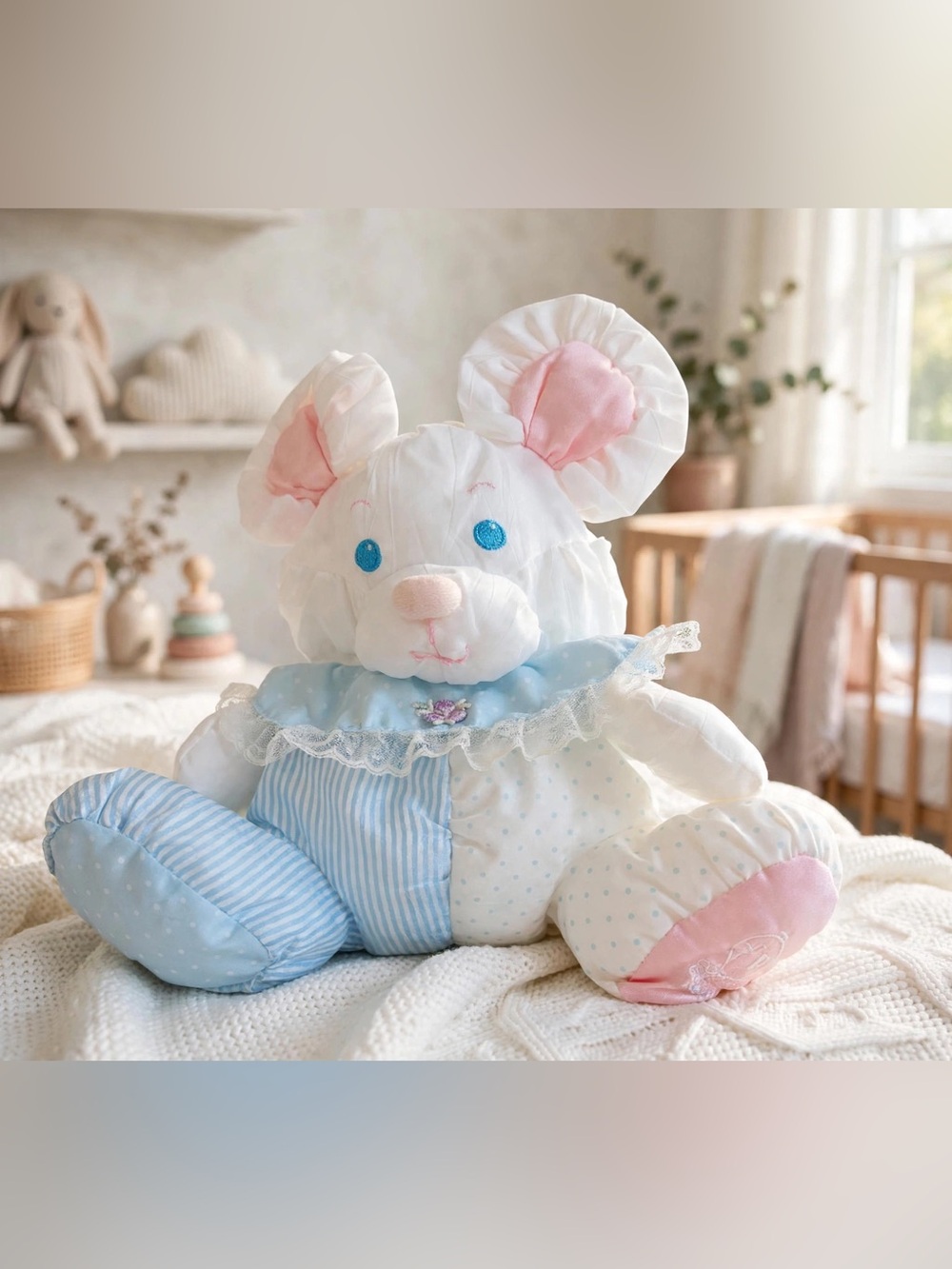 Fisher Price Puffalump Mouse Rattle 1988 White Pink Blue Stripe Dots Very Clean
